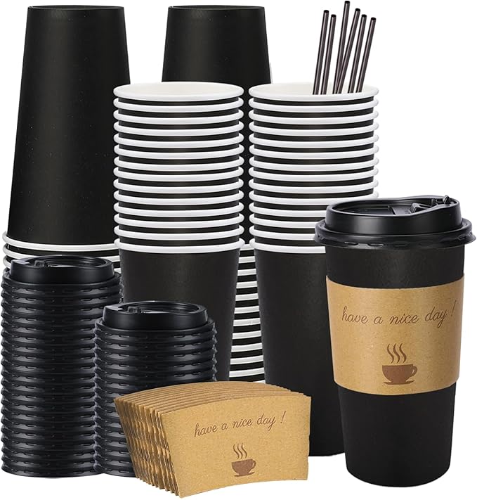 50 Pack 20 oz Disposable Coffee Cups with Lids, Paper Hot Coffee Cups with Sleeve and Straw, To Go Cups for Home, Office and Party (Black 20oz)