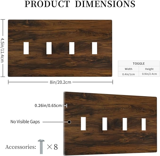 Light Switch Cover Brown Rustic Wood Grain Vintage Wooden Texture 4 Gang Switch Plate Quad Toggle Wall Plates Decorative Switchplate Electrical Outlet Cover for Cabin Bedroom Decor