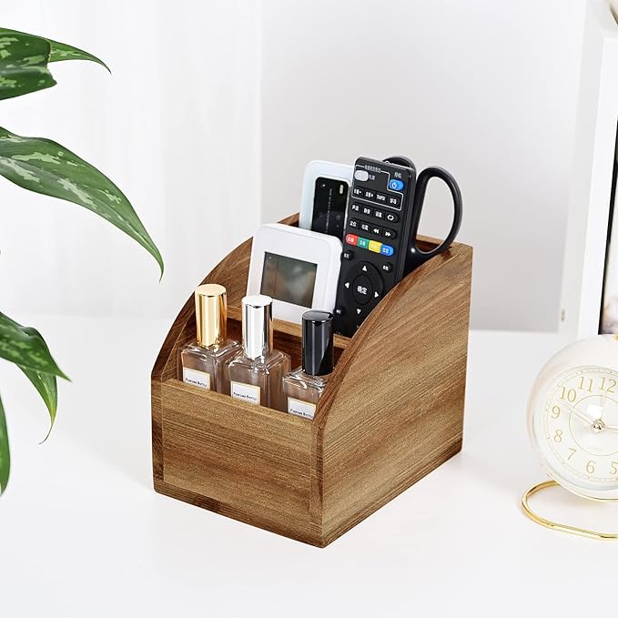 BONNY DODO Remote Control Holders Organizer Box for Table Small Solid Wooden Desk Farmhouse Home Decor Caddy Basket Store Tv Remote for Media Player,Pencil,Glassees&Office Supplies (Brown, S)