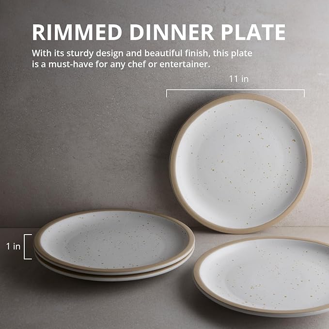 Goodies White & Brown Rimmed Dinner Plates (Set of 4), Handmade Ceramic, Glazed, Dishwasher Safe, Microwave Safe, Durable, Easy-to-Clean, Stackable, 11 Inch