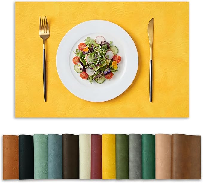 Artoid Mode Yellow Faux Leather Placemats Set of 6, 12x18 Inch Waterproof Wipeable Heat Resistant Vinyl Place Mats, Reversible Table Mats for Summer Kitchen Dining Decor