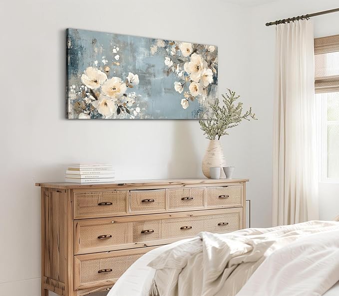 ADJUVANT Wall Art Vintage Floral 48" L x 24" W, Creamy Flowers On Distressed Blue Background Canvas Painting Blossoms Artwork Prints Floral Wall Decor for Living Room Bedroom Dining Room Home Office