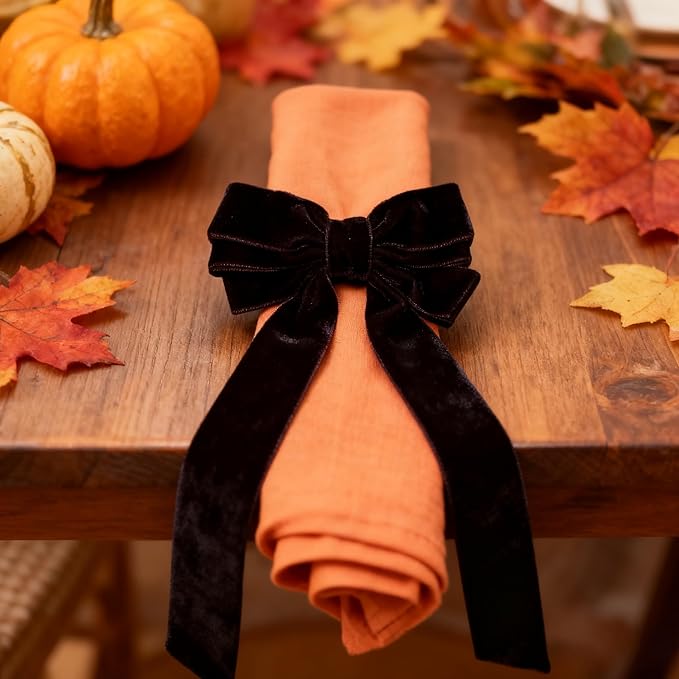 Bow Napkin Rings Set of 12 Luxury Soft Black Velvet Napkin Holders, Elegant Bow Design for Christmas Holiday Dinner Wedding Party Table Decor