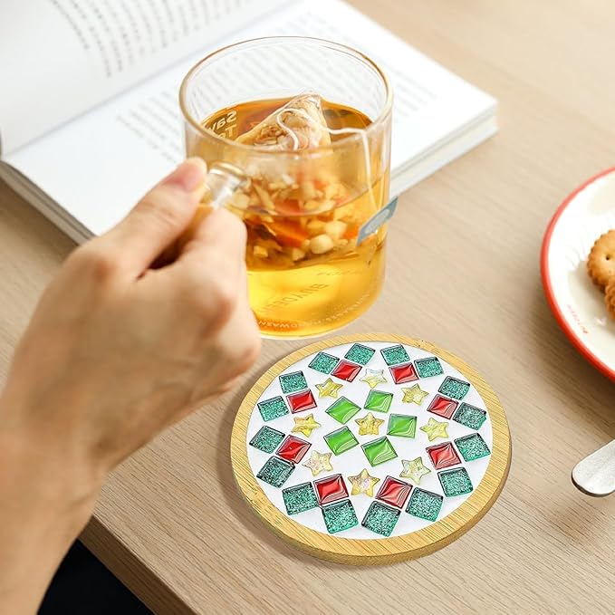 Airsnigi 10 Set DIY Mosaic Tiles for Crafts Mixed Color Glass Mosaic Kits with Wooden Coasters DlY Coasters Kit Mosaic Supplies for Adult DIY Kit Bamboo Coaster Christmas Gift for Drinks Tray