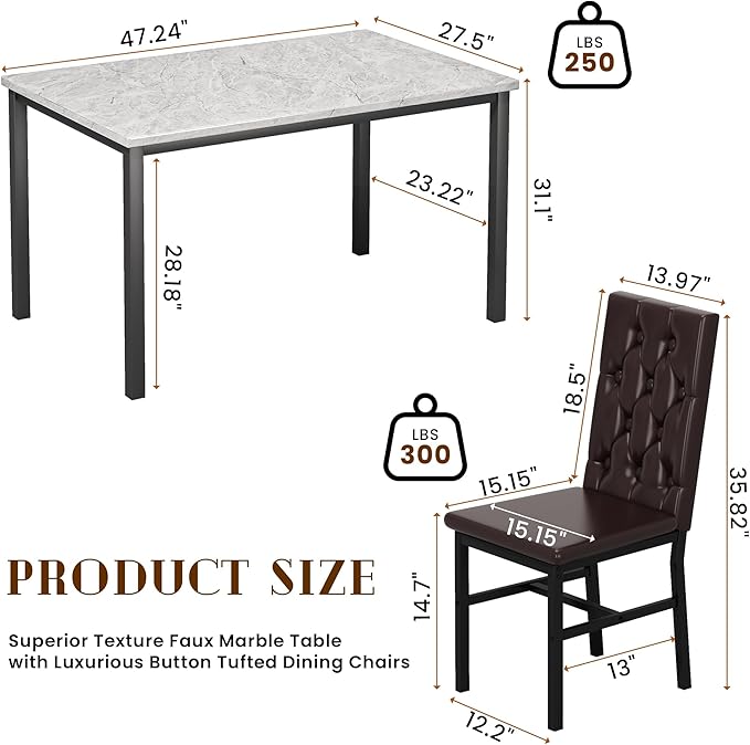 Hooseng Dining Table Set for 4, Faux Marble Small Kitchen Table Chairs Set of 4 with Luxurious Button Tufted Dinner Chairs for Kitchen and Dining(Brown)