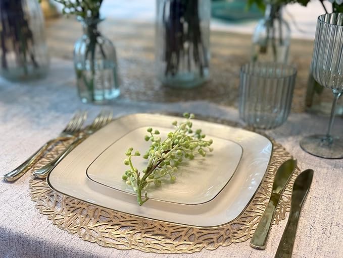" OCCASIONS " 240 Pieces Pack,(120 Guests) Premium Wedding Party Disposable Plastic Plates Set -120 x 10'' Dinner + 120 x 7'' Salad/Dessert (Belize Square in Ivory & Gold)