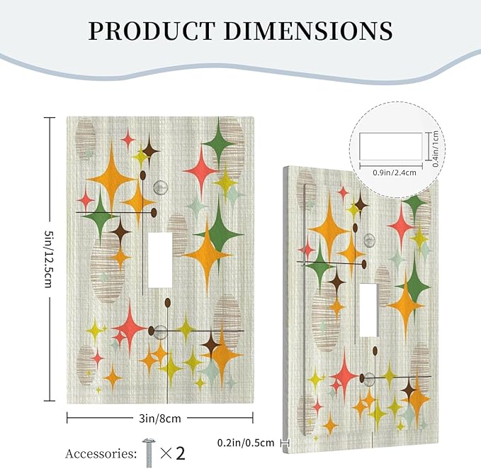 Decorative Light Switch Cover Mid Century Modern Retro Stars 1 Gang Wall Plate Cover Single Toggle Outlet Covers Switchplate Electrical Faceplate for Bathroom Bedroom Decor（2 Pack）