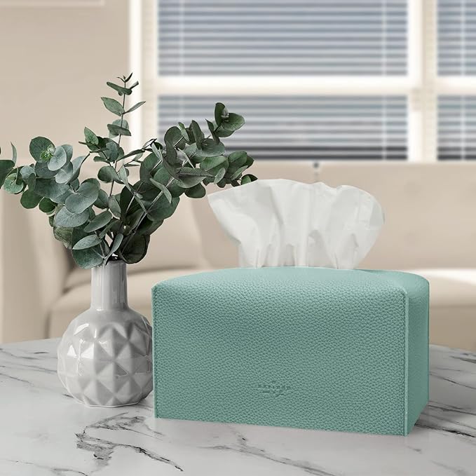 Carrotez Tissue Box Cover, [Refined] Modern PU Leather Rectangular Tissue Box Holder - Decorative Holder/Organizer for Bathroom Vanity Countertop, Night Stands, Office Desk 9.5"X5"X5" - Mint