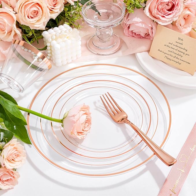 bUCLA 150PCS Clear Rose Gold Disposable Dinnerware set - Rose Gold Plastic Plates Include 25 Dinner / 25 Dessert Plates, 25 Knives, 25 Forks, 25 Spoons, 25 Cups for Party, Wedding & Valentines Day