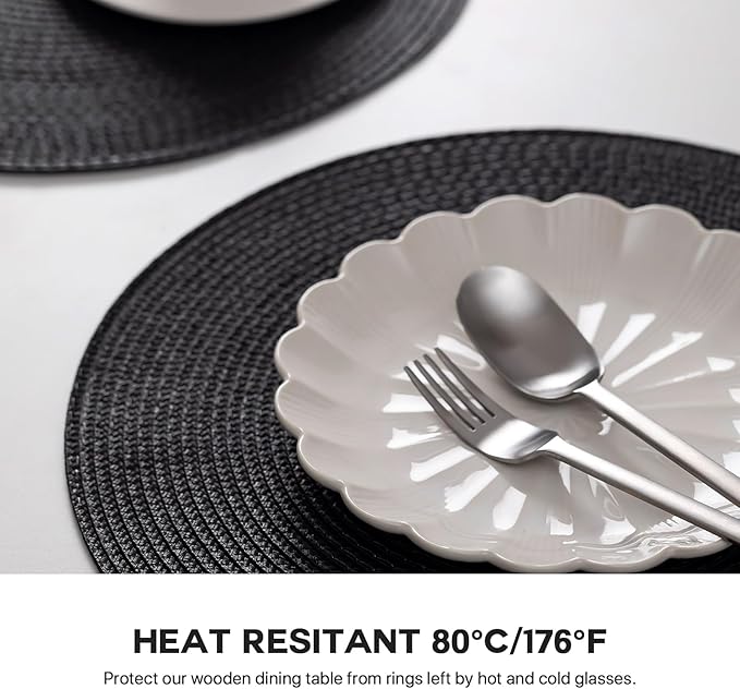 Round Placemats Set of 4 Plastic Woven Placemats Washable Wipeable Table Mats for Dining Table Heat Resistant Non-Slip Circle Place Mats (Black)