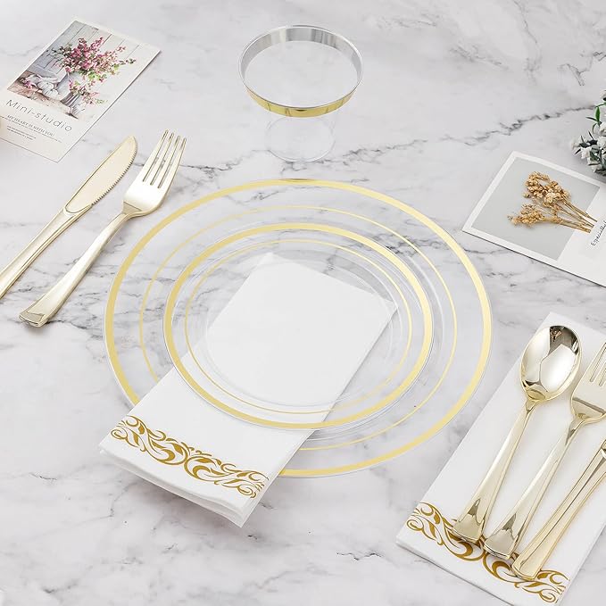 BESTVIP 100PCS 7 Inch Clear Plastic Dessert Plates, Disposable Salad Plate with Gold Rim, Heavy Duty Plastic Small Cakes Plates for Party, Wedding and Birthday, Christmas, Thanksgiving, Events