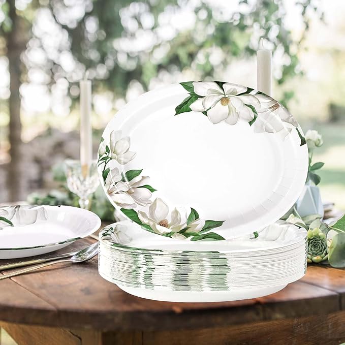 50 Pcs Magnolia Floral Oval Paper Plates Large 10"x12" White Magnolia Floral Plates Disposable Heavy Duty White Flowers Green Leaf Plates for Spring Wedding Bridal Shower Decor Birthday Party Supplies