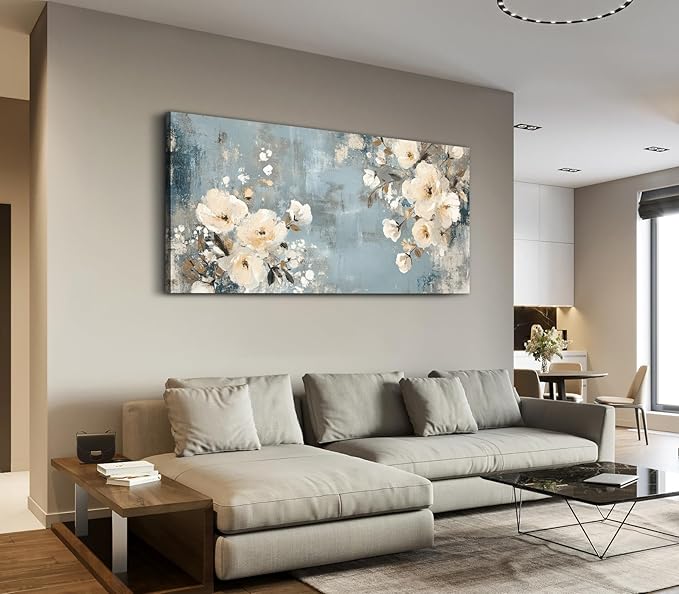 ADJUVANT Wall Art Vintage Floral 60" L x 30" W, Creamy Flowers On Distressed Blue Background Canvas Painting Blossoms Artwork Prints Floral Wall Decor for Living Room Bedroom Dining Room Home Office