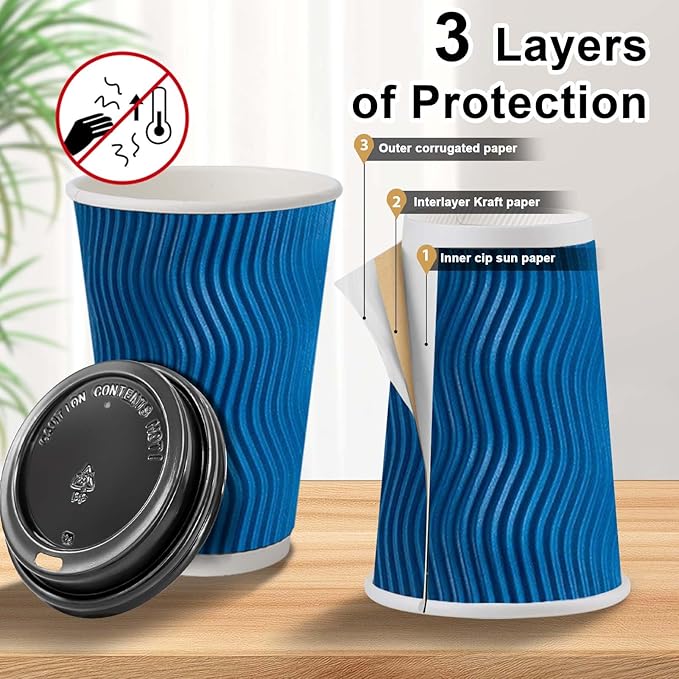 500 Pack Coffee Cups with Lids 16oz, Disposable Insulated Ripple Wall To Go Paper Coffee Cups for Hot/Cold Drinks Office Home Shop Event (Navy)