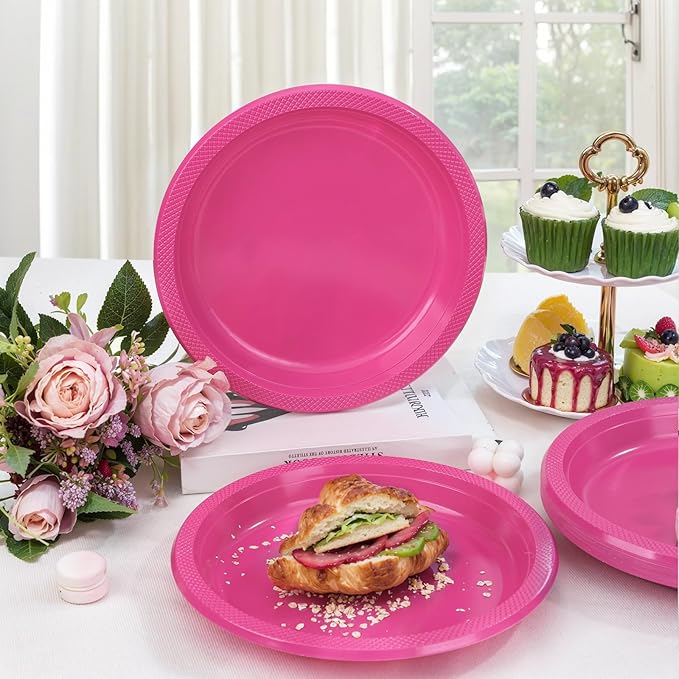 WELLIFE Hot Pink Party Plates 10 Inch -150 Count, Disposable Plastic Dinner Plates for Valentine's Day Girls' Party Easter Mother's Day Birthday Baby Shower Wedding