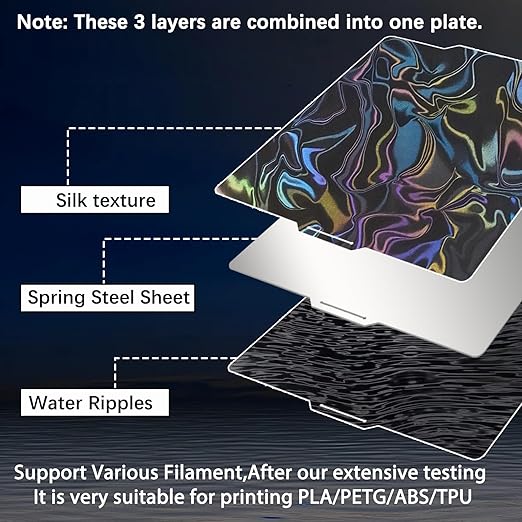 JUUPINE 257x257mm Water Ripples+Silk Textured Build Plate for Bambu Lab A1/X1/X1C/X1E/P1P/P1S/P2S/A1, Smooth Flexible Spring Steel Plate Effect Sheet for Bambu Lab 3D Printers.