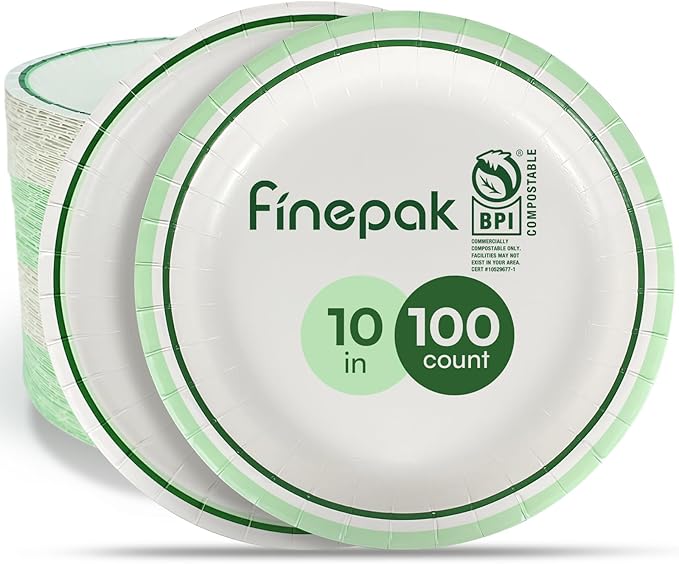 White Paper Plates with Green Circle Stripes (10" Dinner Plates, 100, Count)