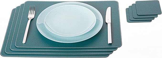 Nikalaz Set of 4 Placemats and 4 Coasters Made of Recycled Leather (18''x13'', Petroleum Green)