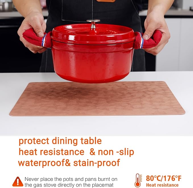 Vinyl Placemats Set of 8 Heat Resistant Easy Clean Non-Slip Place Mats for Dining Table. Faux Leather Waterproof Stain Resistant Wipeable Washable PU Table Mats(8, Coral)