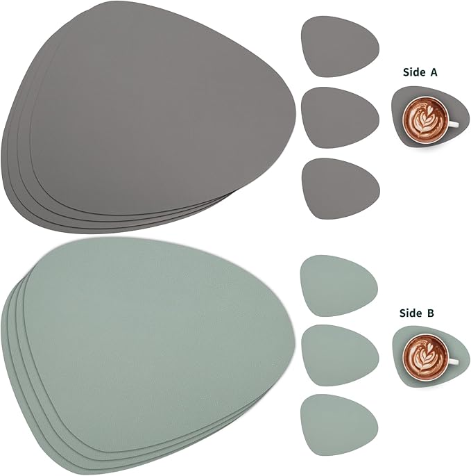 Myir JUN Placemats, Dual-Sided Placemats Waterproof Faux Leather Placemats Set of 6 Place Mats and Coasters Non-Slip Washable Table Mats for Dining Table (Gray Sage Green, Set of 6)