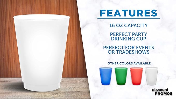 DISCOUNT PROMOS Frosted Plastic Stadium Cups, 10 pack, 16 oz. Shatterproof Flexible Reusable Party Cups, Pearl White