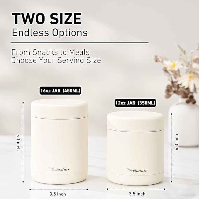 Stainless Steel Insulated Food Jar Set of 2 (16oz + 12oz) | Wide Mouth | Hot Food Lunch Container | Thermal Lunch Box | Insulated Soup Bowl | Hot & Cold Lunch Box for Adults, Teens | Vanilla