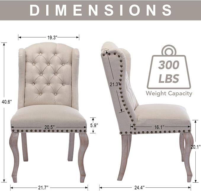 chairus Tufted Parsons Dining Chairs Set of 8, French Country Upholstered Dining Room Chairs with Nailhead Trim & Curved Wood Legs, Farmhouse High Back Armless Side Kitchen Chairs, Beige Linen
