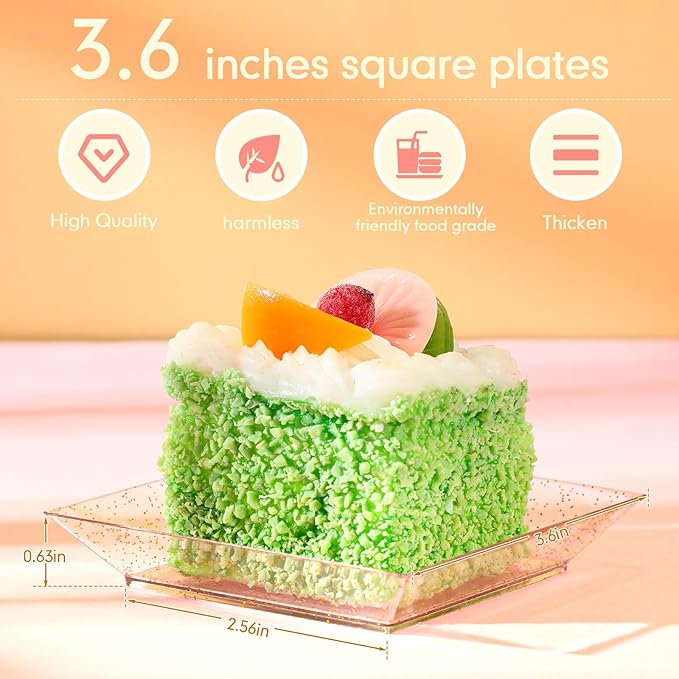 Zhehao 100 Pcs Plastic Dessert Appetizer Plates Disposable, 3.6 x 3.6 Inch Small Square Plastic Dessert Cake Plate for Party, Valentine's Day Wedding Birthday Bridal Baby Shower Supplies (Gold Clear)