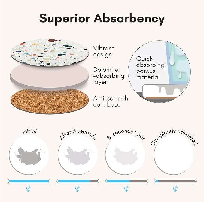 Absorbent Terrazzo Drink Coasters Set of 6 with Holder, Ceramic Drink Coasters for Coffee Table Decor, Water-Absorbing Stone Coasters (Mosaic)