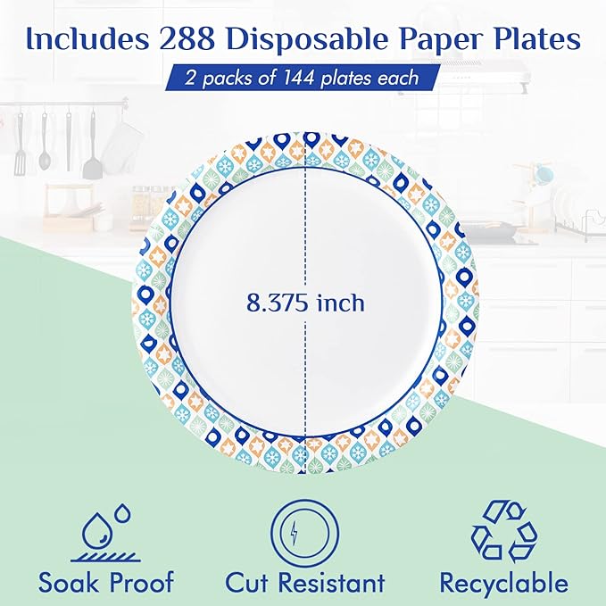 MUCHII 8.375 Inch Paper Plates, 288 Count Disposable Plates, Soak Proof and Cut, Ideal for Family Gatherings, Parties, Picnic
