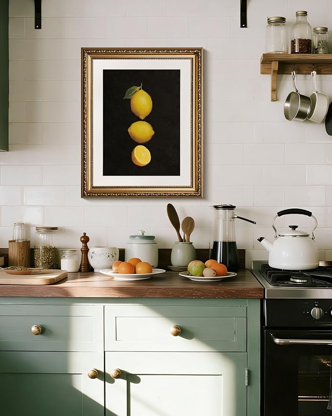 InSimSea Gold Framed Wall Art, Lemon Kitchen Wall Shelf Decor, Dark Moody Still Life Canvas Print Art, Dining Room Farmhouse Decor, Antique Paintings with Picture Frame 13x16inch