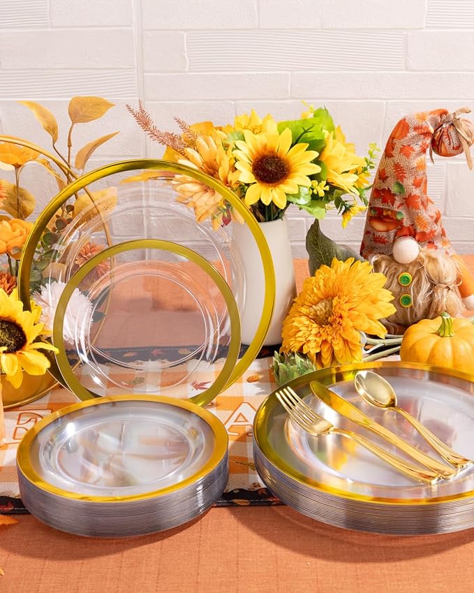 YOUBET 210PCS Gold Plastic Plates - Heavy Duty Clear Gold Disposable Plates Includes 30 Dinner Plate, 30 Dessert Plate, 30 Gold Cups, 30 Napkins for Party & Wedding