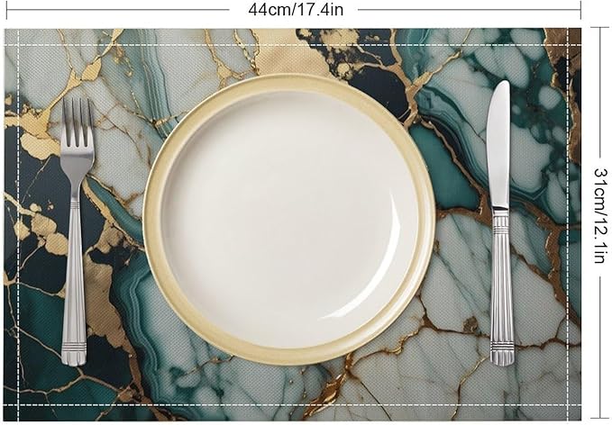 Marble Linen Placemats Set of 4, Modern Abstract Foil Texture White Green Gold Marble 12x17 Inch Washable Table Mats Non Slip Placemats for Wedding Party Kitchen Banquets Dining Decoration
