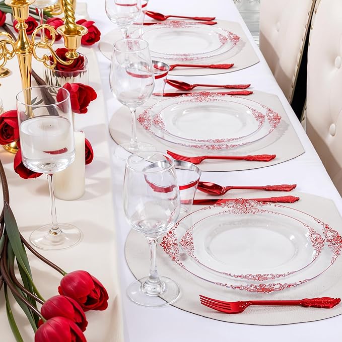 Nervure 100PCS Clear and Red Plastic Plates - Clear Red Disposable Plates Set, 50PCS 10.25" Dinner Plate & 50PCS 7.5" Dessert Plate Perfect for Wedding & Party