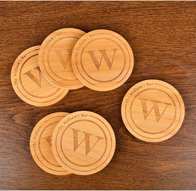 Personalized Bamboo Coasters, Custom Engraved Monogram Coasters with Holder, Great Gifts for Relatives, Friends or Yourself (Set of 4)