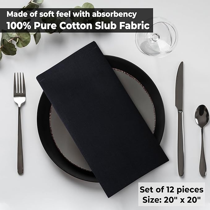 Urban Villa Cloth Napkins Set of 12 20x20 Inches 100% Cotton Napkins Cloth Washable Durable Reusable Absorbent Table Dinner Napkins Cloth for Christmas Hotel Lunch Restaurant Weddings Parties - Black