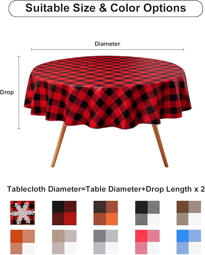 misaya Round Waterproof Vinyl Table Cloth, Buffalo Flannel Backed Tablecloth, Wipeable Plastic Table Cover for Christmas (60", Red and Black)