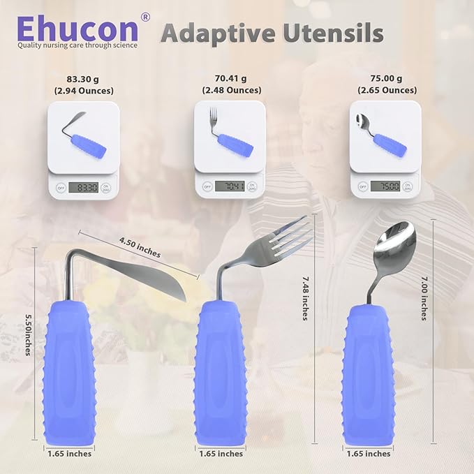 Adaptive Utensils Angled Spoon and Fork for Hand Tremors Parkinsons,Weighted Utensils with Non-Slip Easy Grip Handles for Independent Eating (1pcs Knife+1pcs Fork+1 pcs Spoon,Purple,Left Hand)