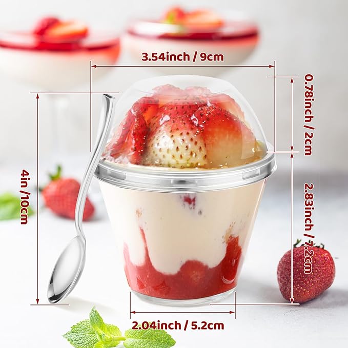 Jinei 50 Sets 9 oz Silver Plastic Dessert Cups with Dome Lids Spoons Rimmed Clear Disposable Plastic Fruit Cups with Lids for Yogurt Parfait Pudding Cupcake Ice Cream Party Wedding Reception