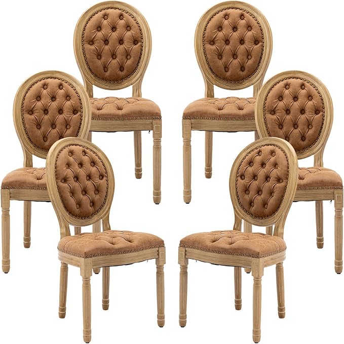 Vintage French Dining Chairs Set of 6, Round Back PU Leather Upholstered Accent Chairs with Nailhead Trim and Solid Wood Frame, Farmhouse Sillas de Comedor for Dining Room & Kitchen, Whiskey Brown