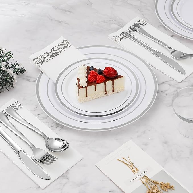 BESTVIP 700 PCS Silver Dinnerware Set for 100 Guests, Plastic Dinnerware Set for Party, Wedding, Christmas, Include: 200 Plastic Plates, 100 Silver Silverware, 100 Cups, 100 Paper Napkins