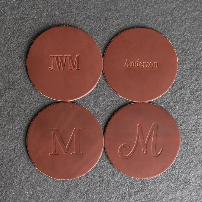 Ox & Pine Personalized Leather Coaster - Sold Individually or in Sets of 4 - Customize Inscription - 100% Full-Grain Leather – 4" Round or 4" Square (Square, Harvest, Set of 4 Coasters)
