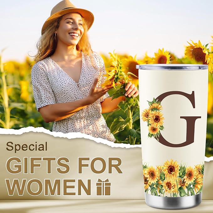 Sunflower Gifts for Women - Personalized Christmas Gifts for Women - Birthday Gift for Woman - Mothers Day Gift for Mom - Monogrammed, Initial 20oz Travel Cup Insulated Tumbler with Lid, G