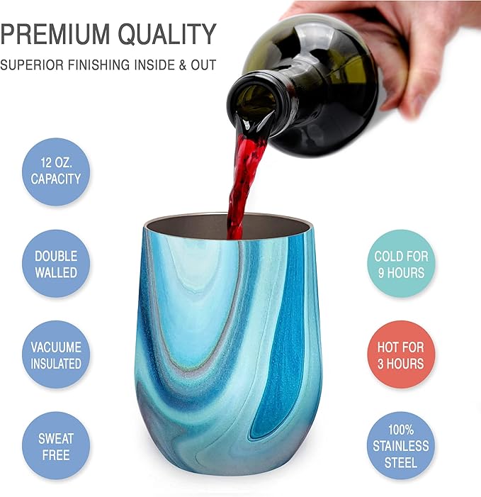 CHILLOUT LIFE 12 oz Stainless Steel Wine Tumblers 4 Pack - Double Wall Vacuum Insulated Wine Glasses Cups with Lids and Straws Set Keeping Cold & Hot for Coffee, Beer, Ice Cream - Ocean Marble Pattern