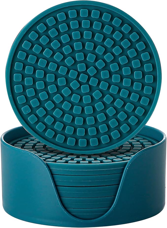 Colinda Silicone Drink Coasters with Holder, Set of 6, Outdoor Cup Mat for Hot or Cold Drinks, Thickened, Non-Slip,Non-Stick, Teal