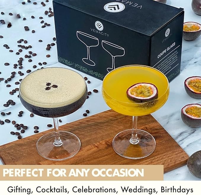 VEMACITY - Elegant Handblown Coupe Cocktail Glasses Set of 2 (10oz) - Crystal Espresso Martini Glasses, Champagne Saucers - Vintage Glassware | Wedding Gift | Ideal for Martinis and Margaritas