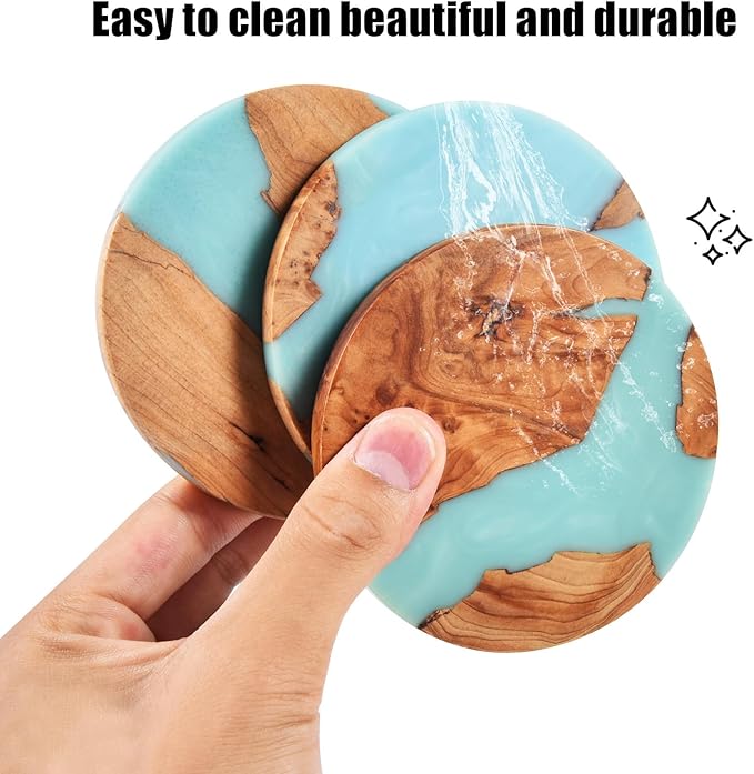 Resin Wood Coaster Set of 8 - Handmade Epoxy Coasters with Holder, Mountain Sea Design for Coffee Table Protection & Home Decor
