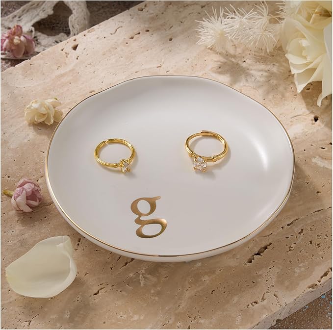 Lolalet Handmade Ceramic Ring Dish Jewelry Tray Plate with Initial, Small Monogram Gift for Her Women Girls Mother, Hostess, Engagement, Bridal Shower, Maid of Honor, Bridesmaid, Birthday, Christmas