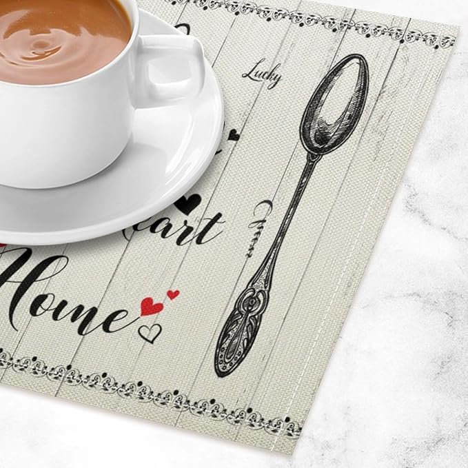 Retro Farmhouse Placemat Set, Minimal Black White Rustic Plank Art Sketch Cutlery Knife Fork Inspirational Quotes Pattern Home Decor Linen Table Mats for Dining Room Kitchen Party (17x12in) x4P