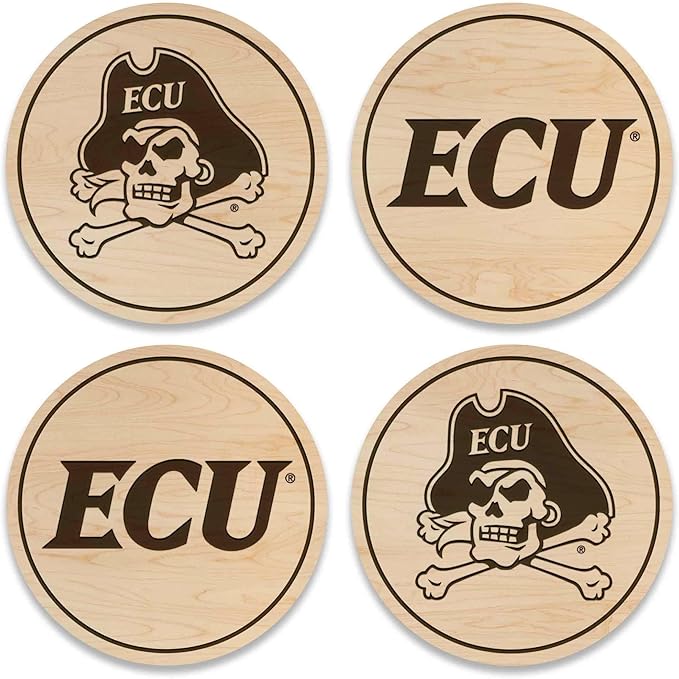 LazerEdge East Carolina Pirates Wooden Coaster Set - Maple Wood - Officially Licensed Product - 4-Pack